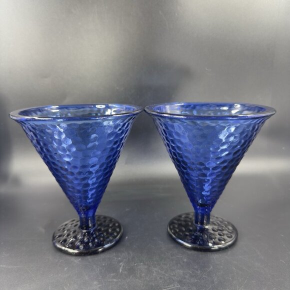 Vidrios De Levante Blown Cobalt Blue Parfait Glass Cups Goblets Set 2 Pebbled - Picture 12 of 13